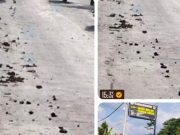 Jalan raya tercecer lemah dan tanah liat akibat truk muatan galian.